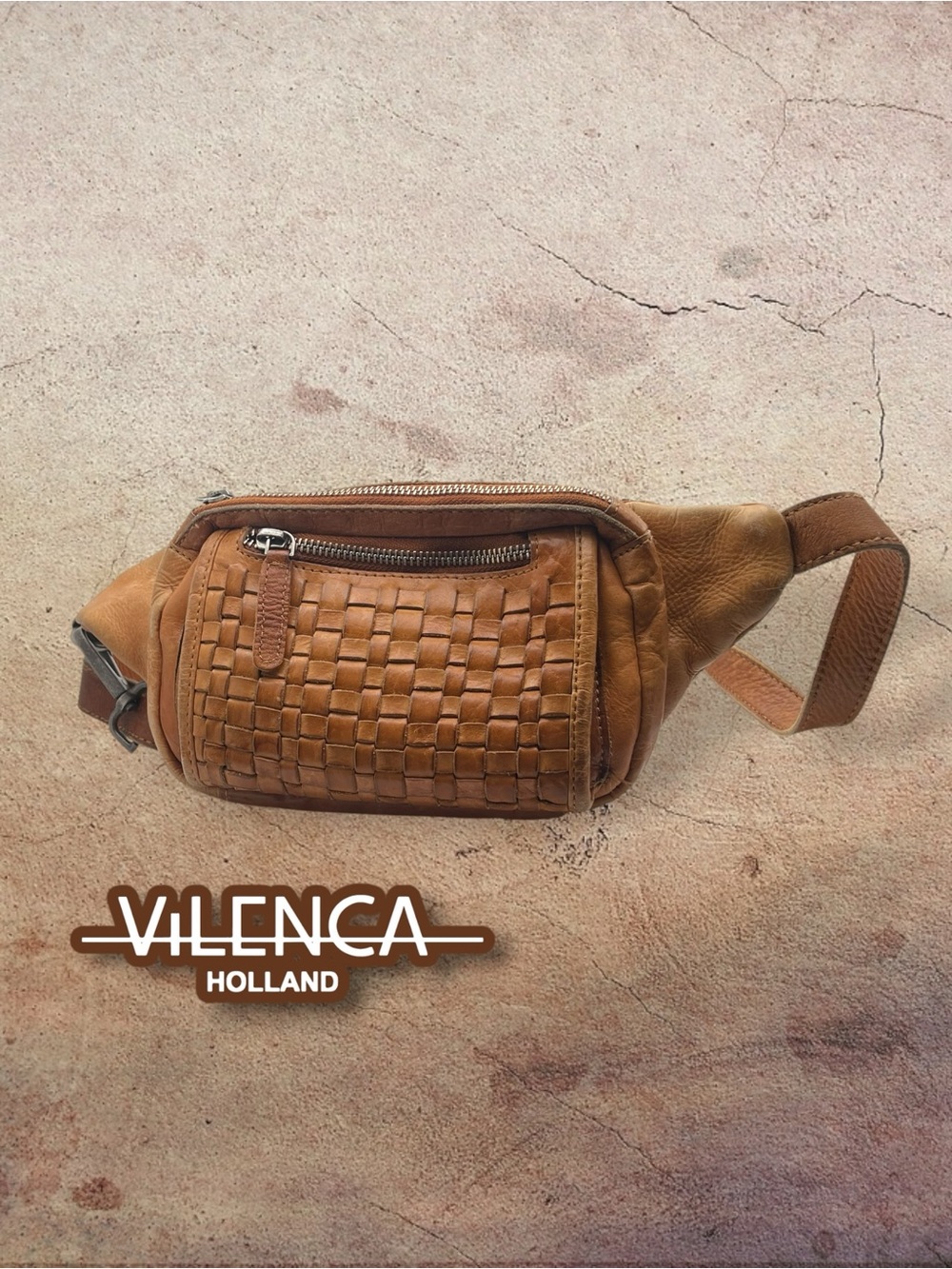 Vilenca Holland Cognac Leather Woven Belt Bag
